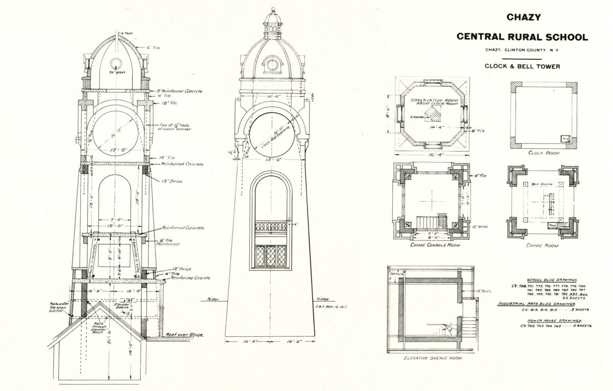 Blueprint for the clock tower at Chazy Central Rural School