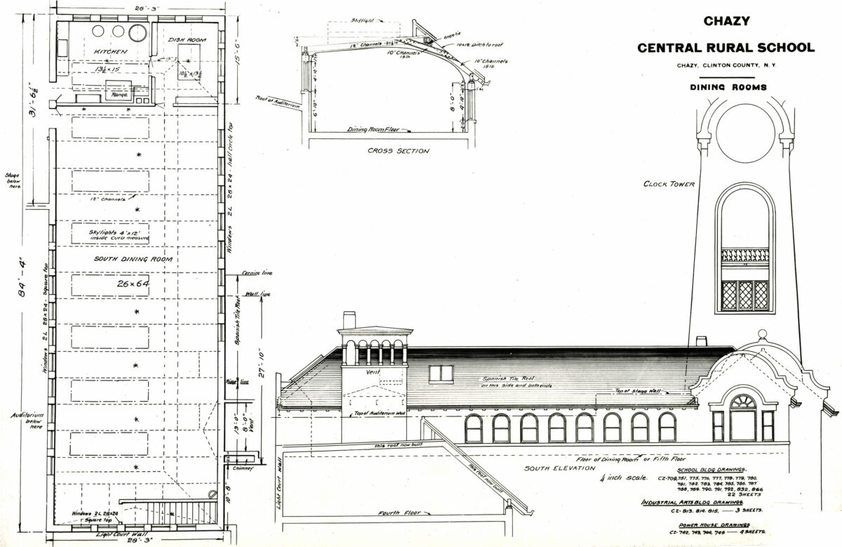 Blueprint for the dining hall and kitchen of Chazy Central Rural School.